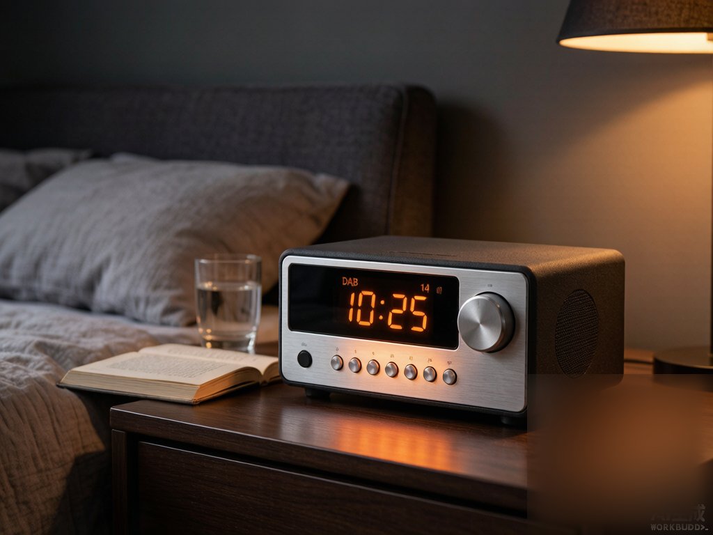 Digital DAB clock radio on bedside table
