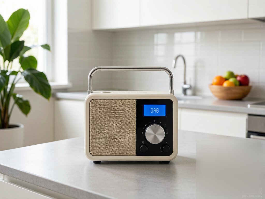Portable rechargeable DAB radio in kitchen