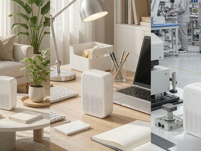 YOUTONG air quality monitors shown in a living room, office desk, and factory floor