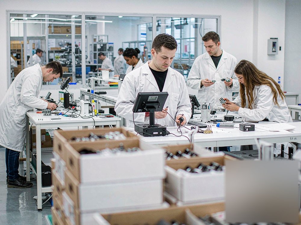 YOUTONG engineers calibrating thermometer hygrometer devices on the production line
