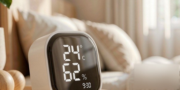 Digital thermometer hygrometer displaying temperature and humidity on a wooden nightstand