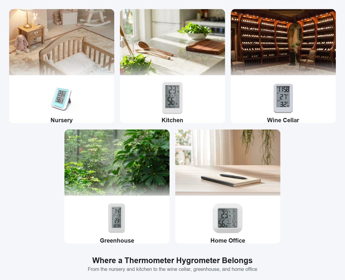 YOUTONG thermometer hygrometer models in nursery, kitchen, wine cellar, greenhouse and home office settings